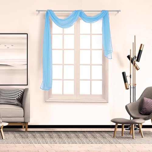 Whakano 1 Stück Querbehang Freihanddeko,Transparentem Gardinen Schals Voile,in 21 Farben erhältlich,Gardinen Tüll,Dekoschals,Vorhangschal für Fotografie Party Hochzeit Taufe,90cmx500cm,Himmelblau