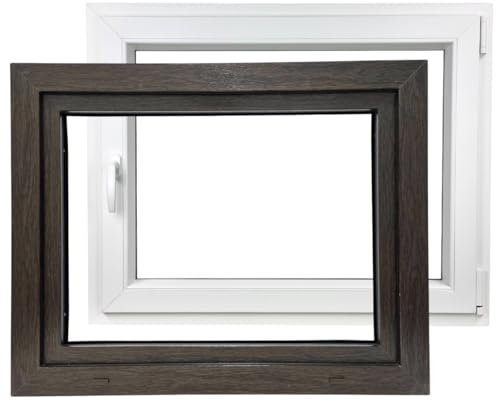 ALUCON Kellerfenster 800x600 mm – Fenster 80x60 cm – Kunststofffenster Innen Weiß/Außen Dunkle Eiche – Flügelfenster DIN Rechts