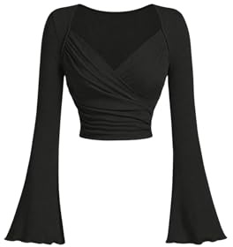 GORGLITTER Damen Bauchfreie Oberteile Langarm Tshirt Ausgestellter Ärmel Crop Top Lanngarmshirts mit Glockenärmel Schwarz S