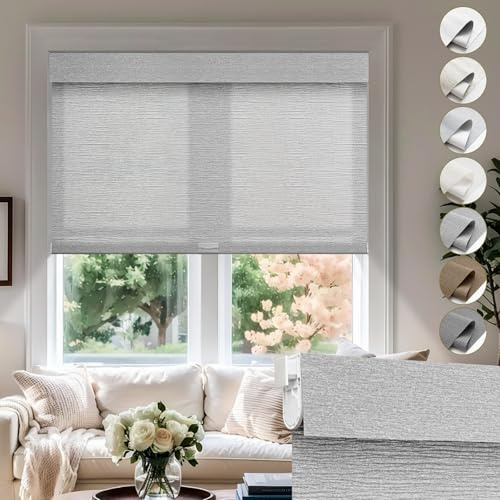 Moonice No Drill No Tools Cordless Roller Blinds for Windows Light Filtering Shades Valance Jacquard Linen Fabric Room darkening shade Privacy Blind for Home Bathroom (Silver Grey,Custom Size)