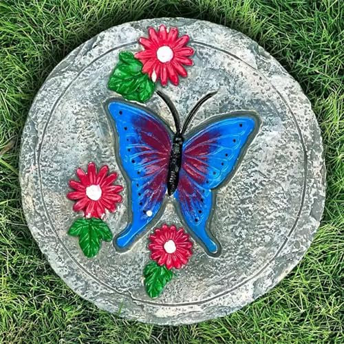 MEYINGOU Dekorativer Gartenstein Trittstein, 9,5 runder Kleiner Trittstein for Gehwege im Freien, rot-Blauer Schmetterlingsblumen-dimensionaler Trittstein for Garten, Hof, Rasen(B,1PC)