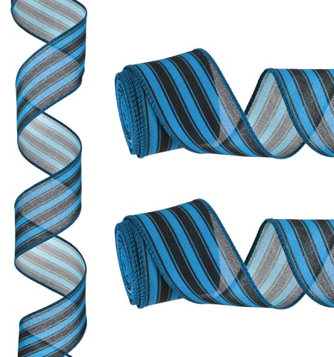 PATIKIL 12 Iarde x 2 Nastro A Righe, Nastro Regalo In Lino Blu E Nero Con Filo Per Natale Artigianato Compleanno Matrimonio Festa Ghirlanda