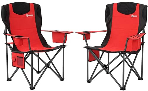 Outsunny Set 2 Sedie da Campeggio Pieghevoli con Borsa Frigo, Portabicchieri, Poggiatesta e 2 Tasche, Sedie da Giardino in Tessuto Oxford e Metallo, Portata Fino a 120 kg, 94x62x100 cm, Rosso