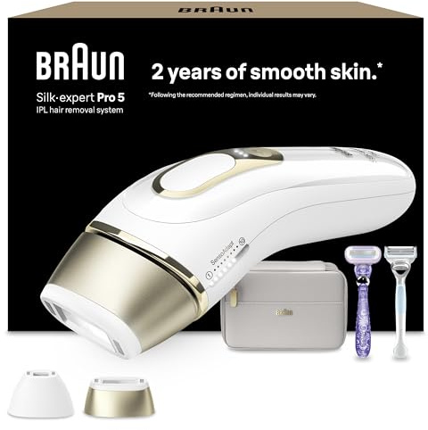 Braun IPL Silk Expert Pro 5 – IPL Geräte Haarentfernung, Dauerhafte und Schmerzfreie Haarentfernung für Zuhause – inkl. Etui, 2 Venus Rasierer, 2 Aufsätze, Designed In Germany – PL5157, Weiß/Gold