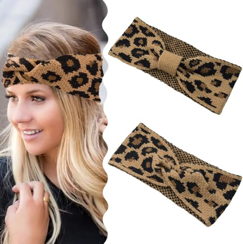Bandeau Cheveux Femme, 2 Pièces Bandeau imprimé léopard, Bandeau Cheveux Femme Hiver Chaud, Femme Crochet Tricot Turban Bandeaux Bande de Cheveux Chauffe Oreille, Pratique Cadeau de Noël