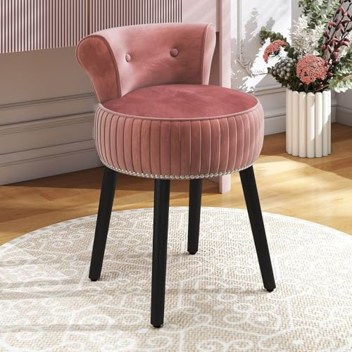 GIANTEX Silla para Tocador, Taburete de Maquillaje con Respaldo, Silla Acolchada de Terciopelo con Patas de Madera de Caucho, Sillón Moderno sin Brazos para Dormitorio Vestidor Sala de Estar (Rosa)