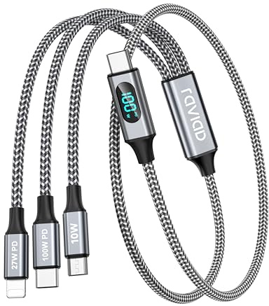 RAVIAD 100W USB C auf Multi Ladekabel [50CM] Ladekabel 3 in 1 Schnellladekabel mit LED Display Kabel USBC auf USB C[100W]+Micro[10W]+Lightning[27W] Kompatibel mit iPhone 17 16 15, Galaxy S25 S24, Pad