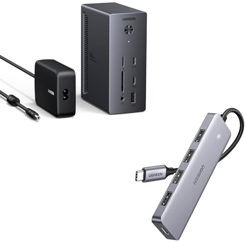 UGREEN Docking Station, Triple 4K Display (2x HDMI+ DP), 14-Port, 100W Max Charging for Laptop, 27W Max USBC, 10Gbps USB-C/A, 170MB/s SD, Ethernet, Audio, 140W Power Supply & USB-C Hub