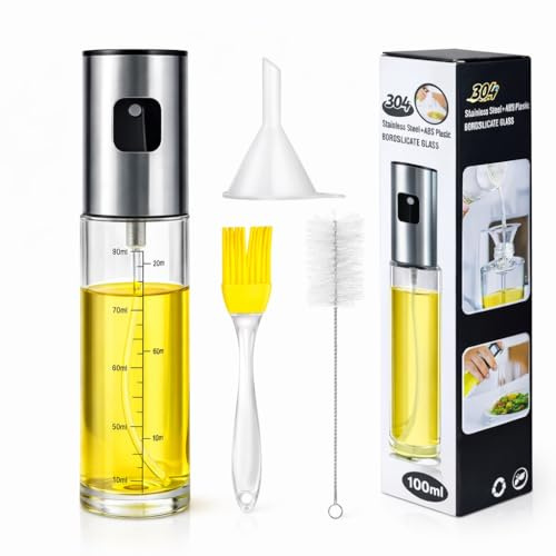 Generisch Spruzzatore per olio in vetro da 100 ml con set di accessori, flacone spray per olio per airfryer, barbecue, insalata e cucina, nebulizzatore fine, ricaricabile, spruzzatore per olio d'oliva