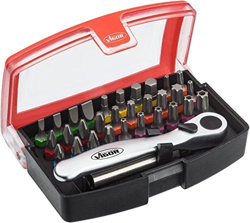 VIGOR Bit Box, V5502, 1/4″, Schlitz Profil, Innensechskant Profil | Antrieb 1/4 Zoll (6,3 mm) Sechskant massiv, 304 g, Übersichtlich angeordnet in stabiler, kompakter Kunststoff-Box, Inhalt: