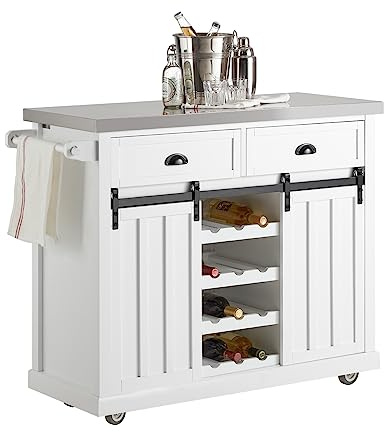 SoBuy FKW94-W Design Küchenwagen mit Flaschenablage Küchenschrank mit 2 Schiebetüren und 2 Schubladen Kücheninsel mit Edelstahlplatte Sideboard Weiß BHT ca.: 116x95x46cm