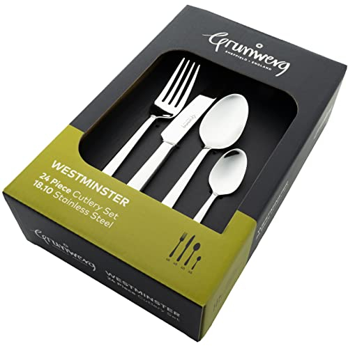 Grunwerg Westminster 24 Piece Cutlery Set, 18/10 Stainless Steel, 6 x Table Forks, Table Knives, Teaspoons, Dessert Spoons, Silver