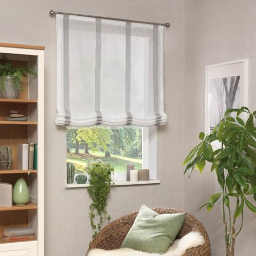 Raffrollo Stoffrollo Leinenstruktur Streifen Ecru grau inkl. Technik 140x140cm