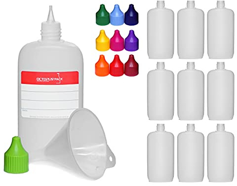 10 Ovalflaschen à 100 ml aus HDPE mit Schraubdeckel farbig , mit Trichter | Ergonomische Form für Kosmetik, Pflegeprodukte, Öle und Flüssigseife, mit Zubehör zum sauberen Befüllen