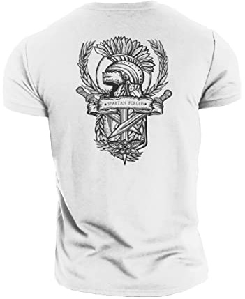 GYMTIER Spartan Forged - Crest - Men's Gym T-Shirt Bodybuilding Training Workout Lifting Top Clothing, White, M
