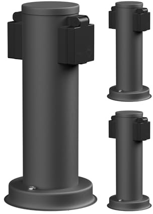 ledscom.de 3X Garten Steckdosensäule PORU für außen, IP44, 2-Fach, Edelstahl, anthrazit, rund, 27 cm