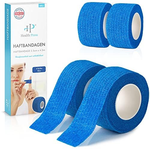 Health Press Fingerpflaster Selbsthaftend – 4x Pflaster Rolle (2,5cm x 4,5m) – Verband Selbstklebend – Elastisches Tape wasserfest – Staub-, Fett- & Schmutzabweisendes Pflasterband (Blau, 4 Rollen)