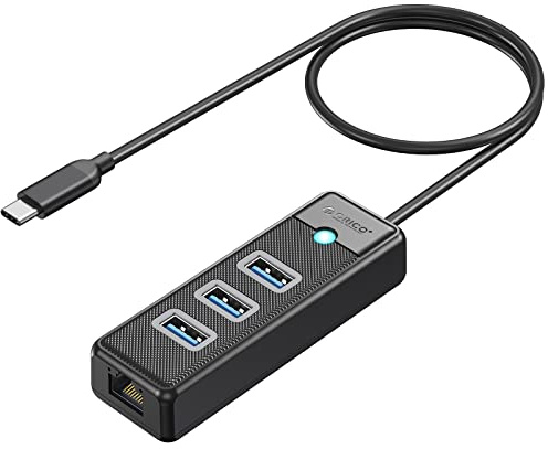 USB C HUB Ethernet, ORICO USB C 4 en 1 ORICO con Adaptador Ethernet Gigabit RJ45 10/100/1000 con Cable de 1,6 pies Compatible con Mac OS 10.X y Superior, Linux, Android-Negro
