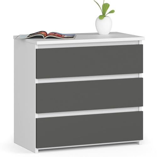 AKORD Nachttisch Kommode CL-3 mit 3 Schubladen | für das Wohnzimmer Schlafzimmer Schrank Büro Arbeitszimmer | Modernes Funktionales Design | B60 x H57 x T35 cm, Gewicht 26 kg | Weiß/Graphitgrau