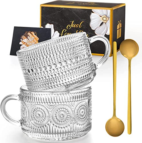 Gutsdoor Juego de 2 tazas de café de cristal vintage, tazas de té transparentes en relieve de 14 onzas, tazas de café de vidrio apilables con cucharas para espresso, latte, cereales (flor + cuentas)