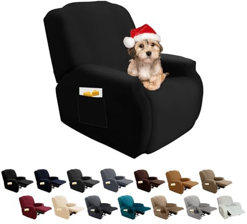 FIGOOO Stretchhusse für Relaxsessel 4-Teilig Stretch Sesselbezug Relaxsessel mit Seitentasche Sesselschoner,Schwarz