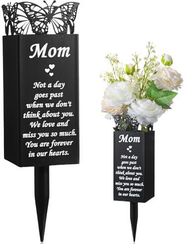 Geosar Cemetery Vases for Grave Metal Flower Butterfly Memorial Flower Holder with Spike Grave Marker Floral Cemetery Funeral Mother's Day Decorations for Lawn Yard Outdoor Funeral(Classic)