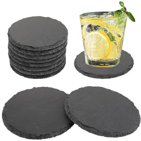 ASelected 4 Inch Slate Drink Coaster Set Of 8 Black Stone Coasters Bulk Cup Coaster Set For Coffee Beer Mug Wine Glass Bar Home Round