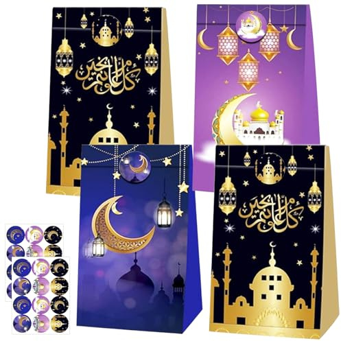 KIKVTER 12 Stück Eid Mubarak Geschenktüten, Muslim Ramadan Partytüten mit Aufkleber, Eid Mubarak Tüten, Ramadan Papiertüten Kraftpapier Tüten, Kraftpapier Tüten Kinder Geschenk für Party Dekorationen