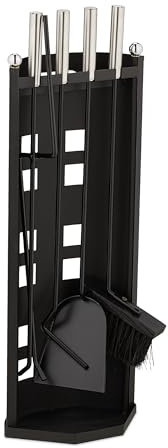 Relaxdays Set da 5 Attrezzi da Camino, Attizzatoio, Paletta, Scopino, Pinza e Supporto Porta Utensili, in Acciaio, Nero, 61 x 22 x 15 cm