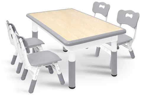 AufuN Kindertisch mit 4 Stühlen Set, Kindersitzgruppe Höhenverstellbar, Tisch Stuhl Set für Kindergarten und Kinderzimmer, Leicht Abwischbarer Maltisch für Klassenzimmer, Plastik Kindermöbel,Grey