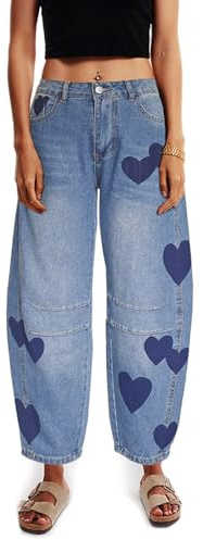 Djeanxa Jeans a Botte da Donna a Vita Media con Cuore Stampato in Denim alla Caviglia Pantaloni Vintage Larghi Boyfriend Jeans, Blu, L