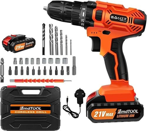 21V Cordless Power Drill Set,Electric Screwdriver Kit Combi Drill with 2 Speed,25+1 Torque 3/8 Chuck Handheld Drills Driver with 1500 mAh Li-Ion Battery,Fast Charger,26PCS Drill Bits,1 Kitbox