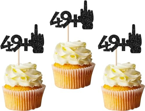 Pack of 24 49+1 Cake Decorations, Glitter, 50th Birthday Cupcake Toppers, Cheers to 50 Medium Finger Cake Decoration for Happy 50th Birthday Cupcake Decorations, Black