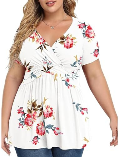 Anelune Plus Size Tops for Women, Short Sleeve Tunic Blouse | V-Neck, Summer Loose Fit Dressy Casual Top, Pleated Low Cut Sexy Wrap Shirt, Flowy Tunic for Leggings