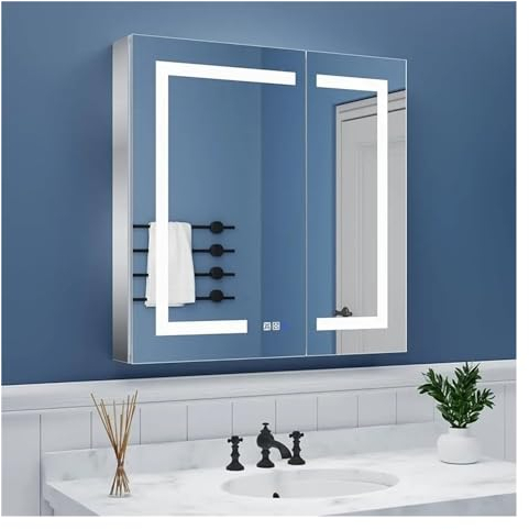 Generisch Badezimmerschrank,LED-beleuchteter Badezimmer-Medizinschrank mit Spiegel, 76,2 x 76,2 cm, versenkbarer oder LED-Medizinschrank, beschlagfrei