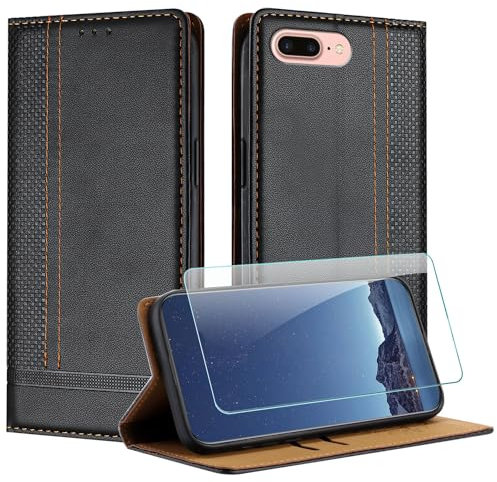 JayModCase Hülle für iPhone 8 Plus/iPhone 6S Plus/iPhone 6 Plus (5,5 Zoll) und Schutzfolie, Leder Flip Schutzhülle mit [Kartenfächer][Ständer][Stoßfest][Magnet] Handyhülle für iPhone 7 Plus - Schwarz