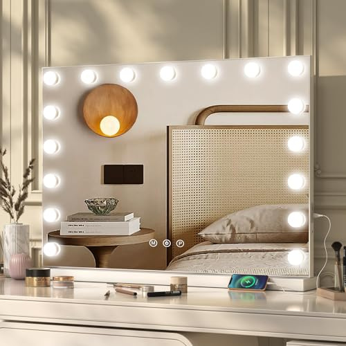Ereousa Hollywood Spiegel mit dimmbarer Beleuchtung, 70x55 cm Schminkspiegel mit 17 LED-Lichtern, 3 Lichtfarben und Touchscreen, langlebiger Schminktisch Spiegel für Make-up