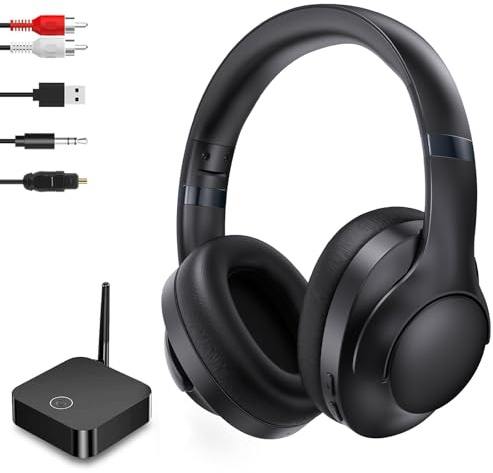 ROSIDA Casque sans fil pour regarder la télévision avec émetteur, casque TV sans fil pour personnes âgées portée de 95 m avec optique, AUX, RCA et USB, contrôle du volume élevé, longue durée de