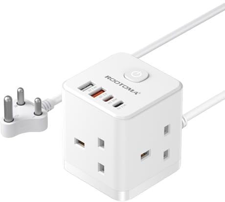UK to India Plug Adapter, PD20W 3 Way Cube Extension Lead, Type D, 1.5M