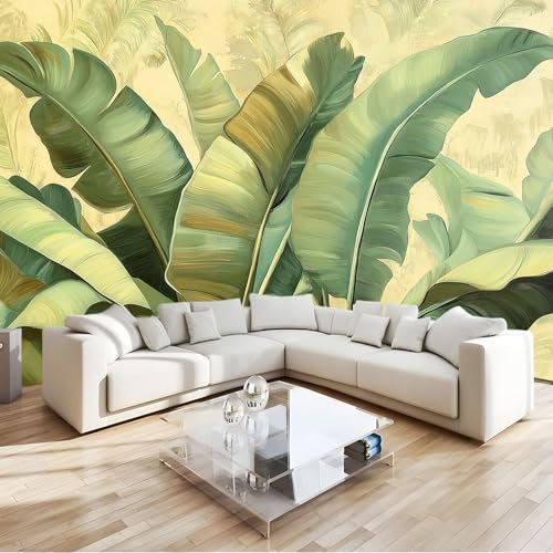 Papier Peint Panoramique Feuilles De Bananier Vertes Style Rustique Poster Geant Mural 300x210 cm, pour Salon Chambre Chambre D'enfants Restaurant Décoration Murale