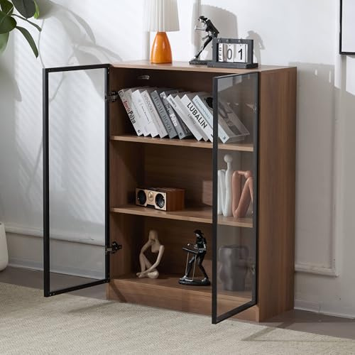 HAINEW Sideboard mit 2 Glastüren, Modern Vitrinenschrank Glasvitrine Glasschrank Aufbewahrungsschrank Komodenschrank Mehrzweckschrank KÜchenschrank für Wohnzimmer, 80x32x106cm