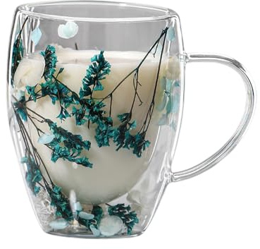 Taza de cristal con flores secas – Taza de café de cristal con flores secas, taza de café con flores secas, tazas de café transparentes de vidrio aislado con flores secas, aislado,