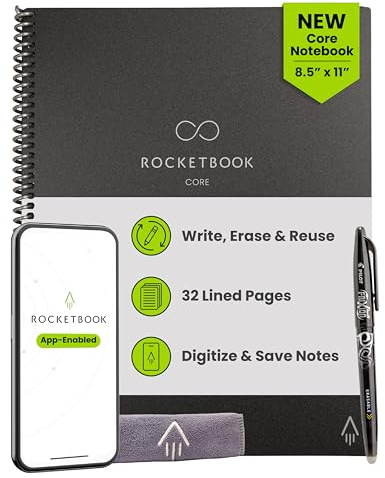 Rocketbook Core Reusable Smart Notebook, Lined Pages For School, Work and Creative Projects, Letter Size 8.5x11, Black - Premium