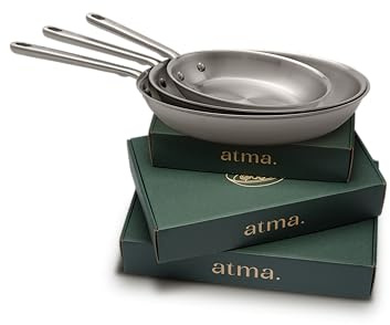 Atma Set de 3 Poêles Inox Triple Couche - Poêles Induction 20, 26 et 28 cm avec Manche Riveté - Sans PFAS ni Revêtement Chimique - Compatibles Tous Feux et Four - Fabriquées en France