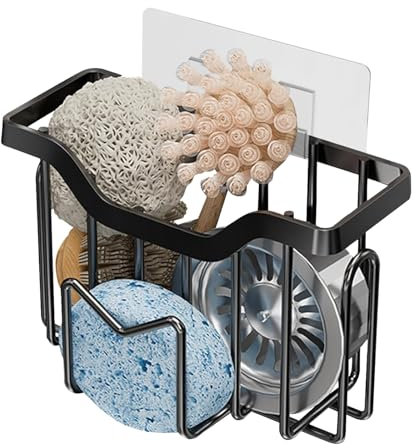 GeluEla Porte-éponge de cuisine 2 en 1 - Organiseur d'évier en acier inoxydable - Sans perçage - Porte-éponge - Support de chiffon de rinçage autocollant pour bouchon d'évier - Éponges à vaisselle -