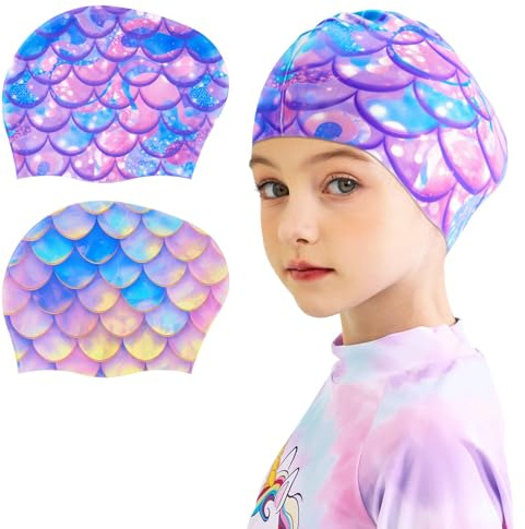 2 Paquetes de Gorros de natación para niños, Gorros de natación de Silicona para niñas, Gorros de baño Impermeables (Morado Claro)