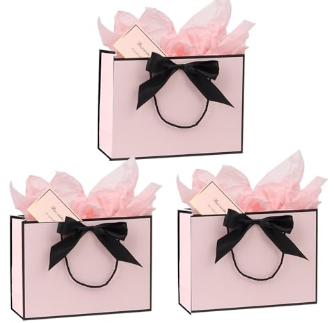Medium Gift Bags wit Tissue Paper and Gift Cards for Present,3Pcs Paper Bags with Handles for Girls Womens Men Birthday Party Christmas Wedding Thank You ,Any Occation (Pink&Black)