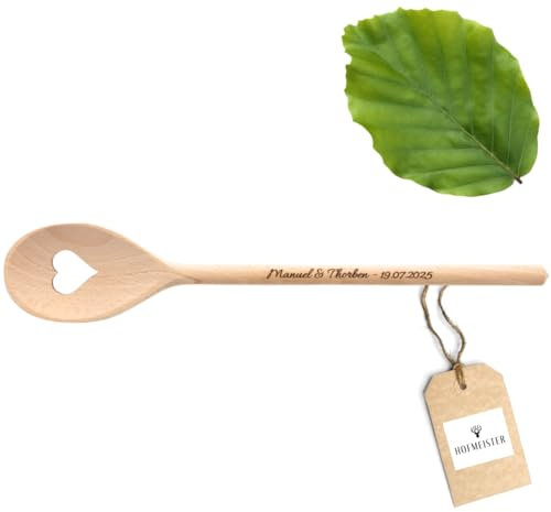 HOFMEISTER® Cuillère de cuisine personnalisée avec cœur en bois de hêtre - Cadeau de mariage d'anniversaire pour les mariés - 30 cm