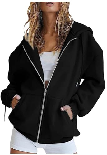 ZLQRSSWK Hoodie Damen Sweatjacke Kapuzenjacke Herbst Winter Lang Sweatshirt Kapuzenpullover Mit Kapuze Reißverschluss Mantel Oversize Pullover Zipper Sweatshirtjacke Oberteile (Schwarz,M)