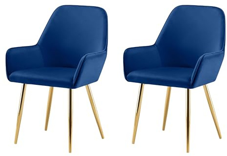 Garvishk Gravis Esszimmerstühle 2er Set mit Armlehnen Metallbeinen Sessel gepolsterter Sitz Polsterstuhl goldenen Beinen für Esszimmer Wohnzimmer Küche (Blau)